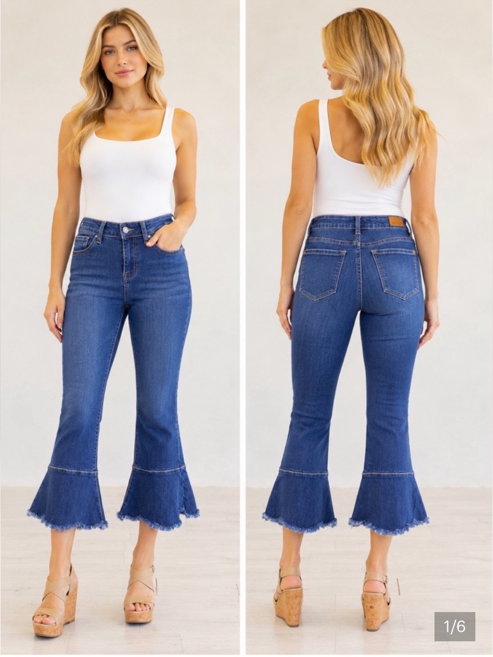 Judy Blue Medium Blue Frayed Hem Flare Cropped Jeans, Size 7/28